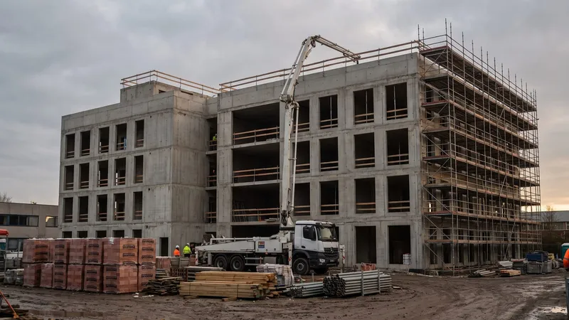 Immeuble en béton armé en cours de construction avec pompe à béton, illustrant le budget gros œuvre