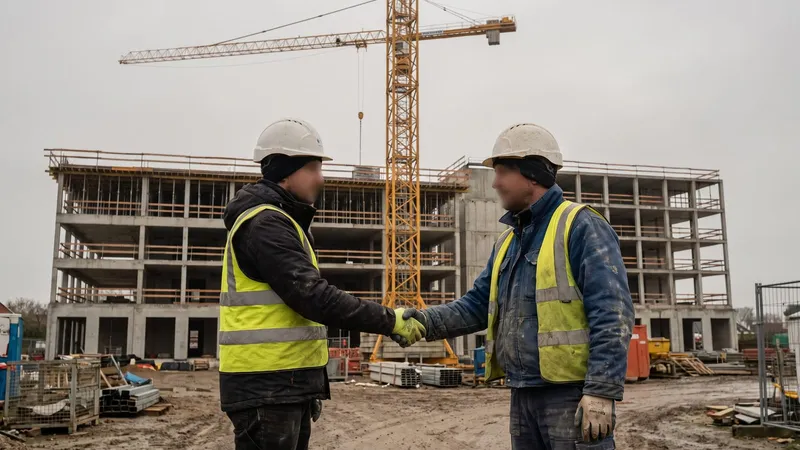 Deux professionnels du bâtiment se serrant la main sur un chantier de gros œuvre en Belgique